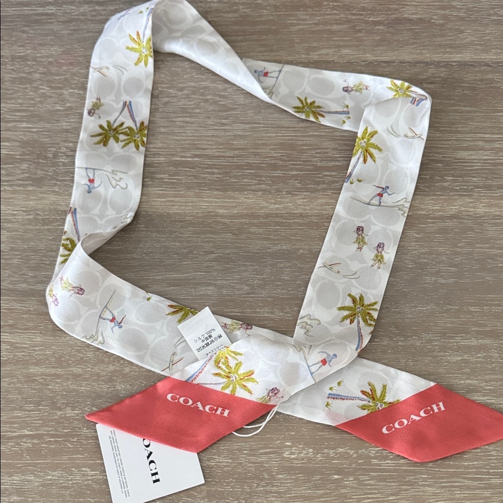 Coach White and Coral silk skinny Scarf with Tropical Design